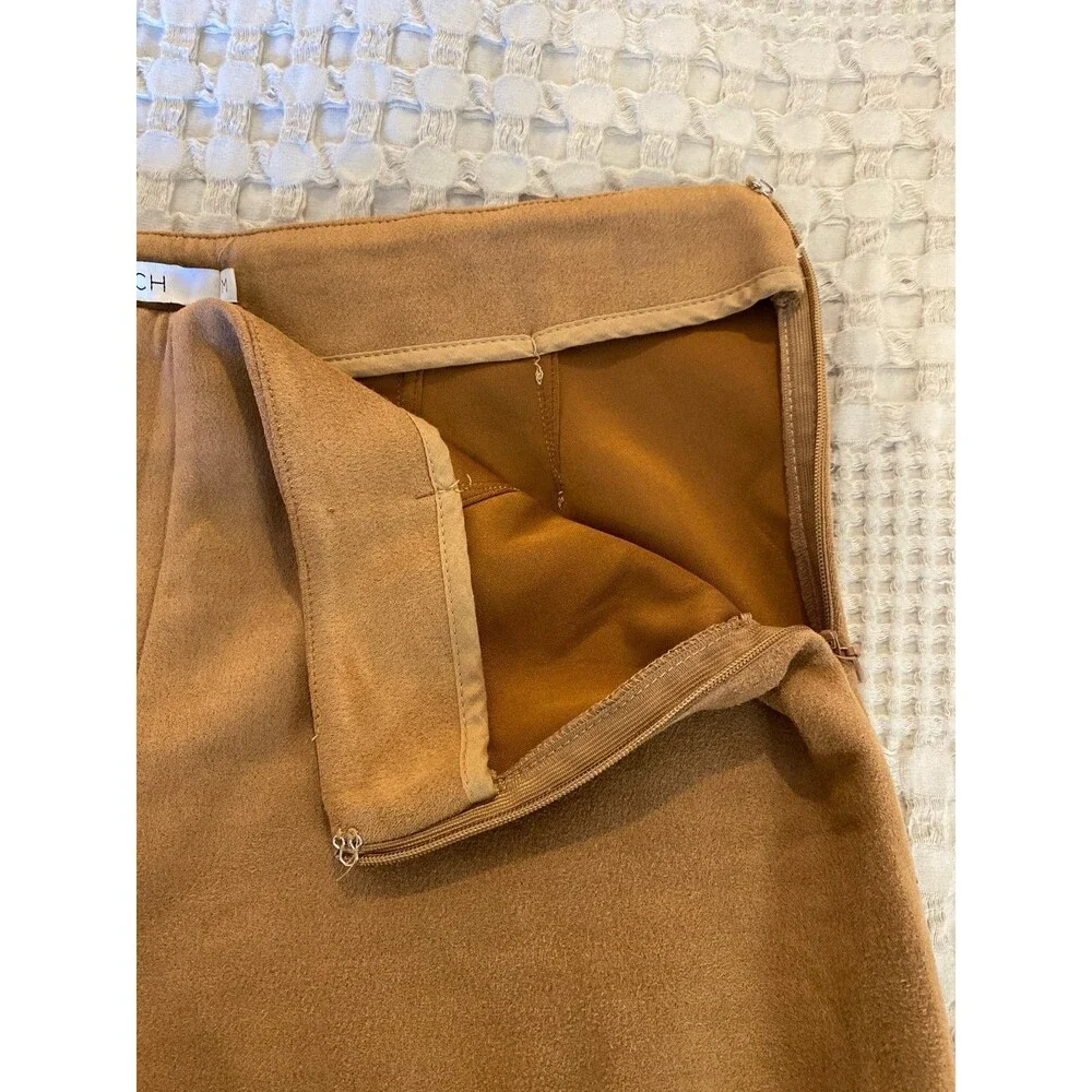 FRNCH Faux Suede Cropped Pants Size Medium Tan + Stretch Zipper‎ Side Fitted